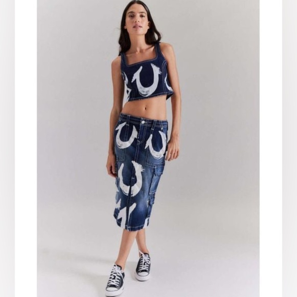 True Religion UO Exclusive Painted Horseshoe Denim Midi‎ Skirt Size 26